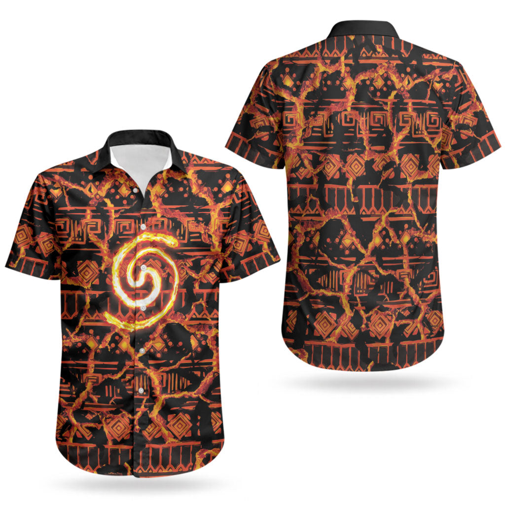 Polynesia Lava Monster Cosplay Couples Matching Puletasi and Hawaiian Shirt Fiery Glowing Volcano Crack Pattern