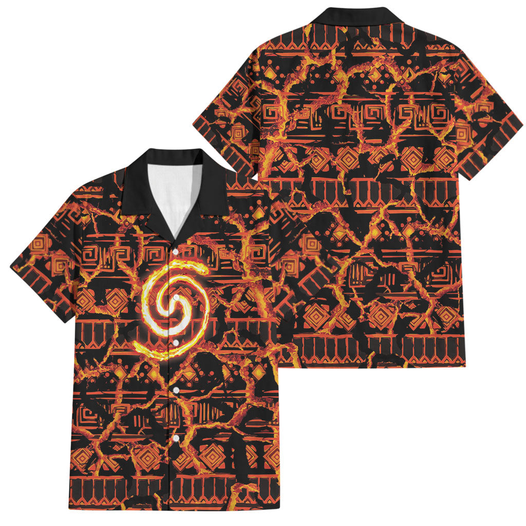 Polynesia Lava Monster Cosplay Family Matching Off Shoulder Short Dress and Hawaiian Shirt Fiery Glowing Volcano Crack Pattern