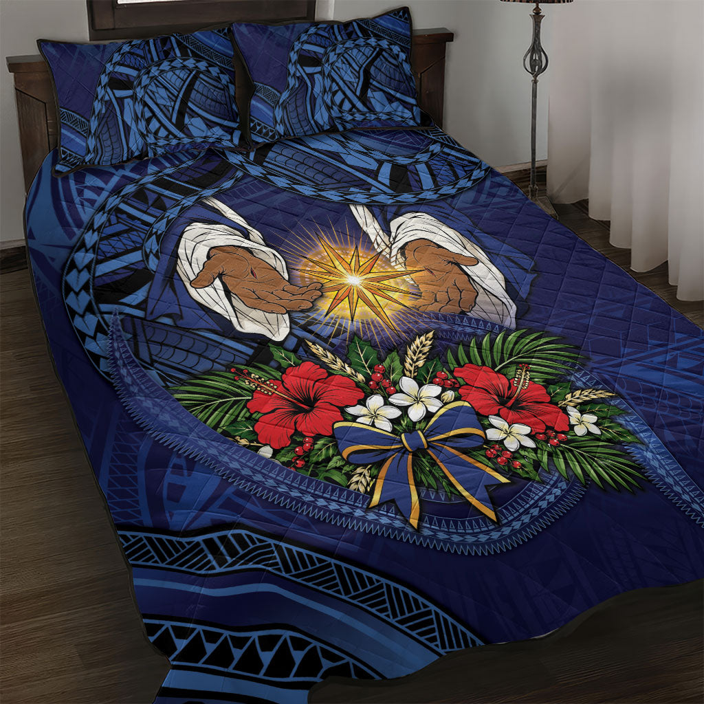 Samoa Manuia Le Kerisimasi Quilt Bed Set Jesus Hands Bethlehem Star Hibiscus DT05 Navy - Polynesian Pride