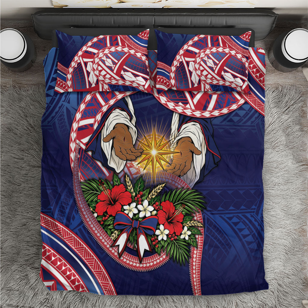 American Samoa Manuia Le Kerisimasi Bedding Set Jesus Hands Bethlehem Star Hibiscus DT05 Navy - Polynesian Pride