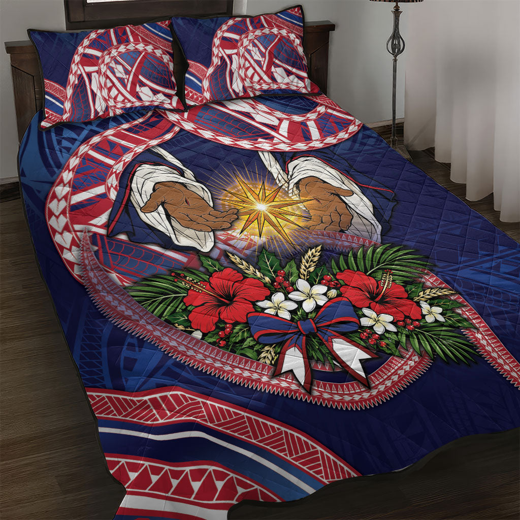 American Samoa Manuia Le Kerisimasi Quilt Bed Set Jesus Hands Bethlehem Star Hibiscus DT05 Navy - Polynesian Pride