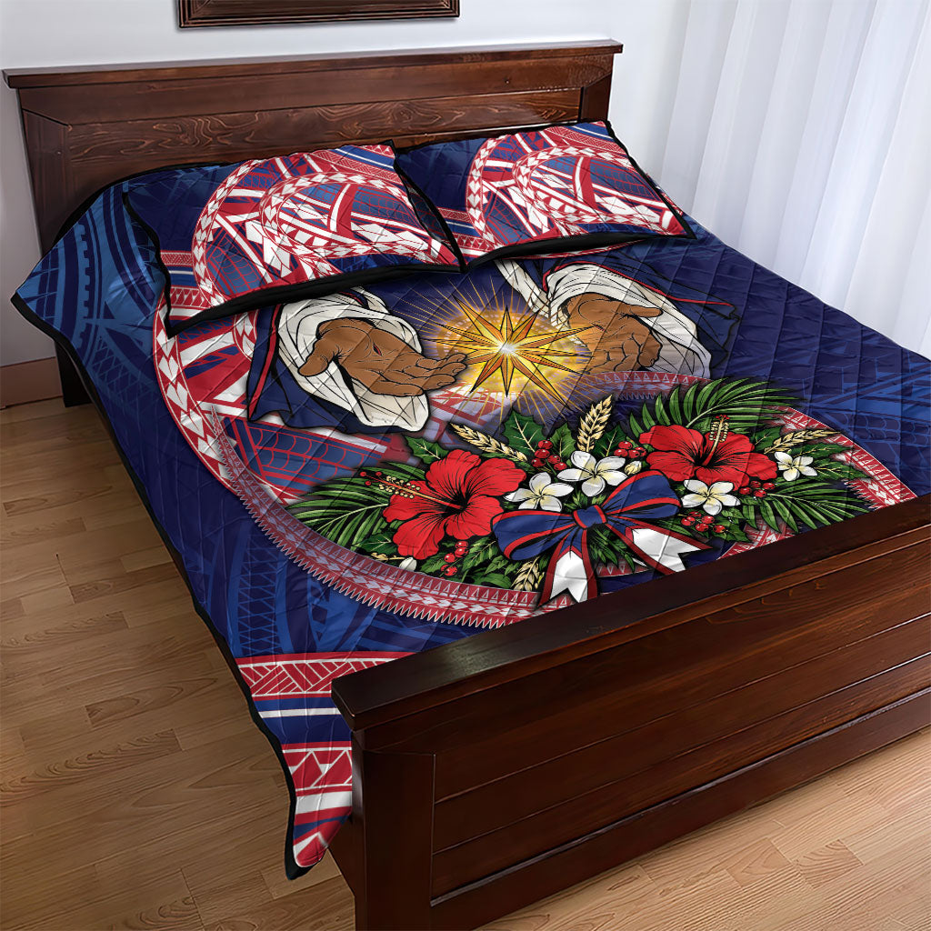 American Samoa Manuia Le Kerisimasi Quilt Bed Set Jesus Hands Bethlehem Star Hibiscus DT05 - Polynesian Pride