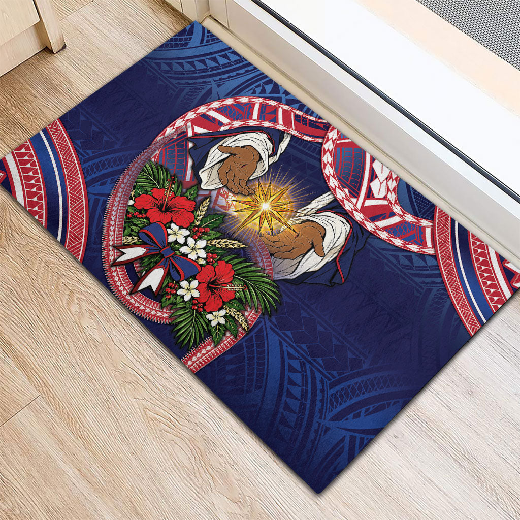 American Samoa Manuia Le Kerisimasi Rubber Doormat Jesus Hands Bethlehem Star Hibiscus DT05 - Polynesian Pride