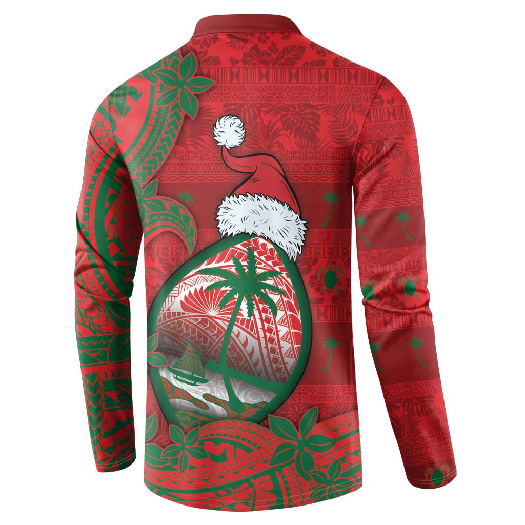 Guam Christmas Button Sweatshirt Chamorro Seal Hat Santa Tribal Waves - Polynesian Pride