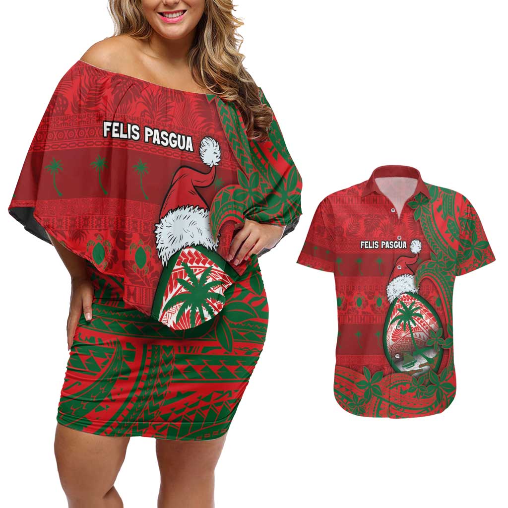 Guam Christmas Couples Matching Off Shoulder Short Dress and Hawaiian Shirt Chamorro Seal Hat Santa Tribal Waves - Polynesian Pride