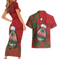 Guam Christmas Couples Matching Short Sleeve Bodycon Dress and Hawaiian Shirt Chamorro Seal Hat Santa Tribal Waves - Polynesian Pride
