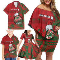 Guam Christmas Family Matching Off Shoulder Short Dress and Hawaiian Shirt Chamorro Seal Hat Santa Tribal Waves - Polynesian Pride