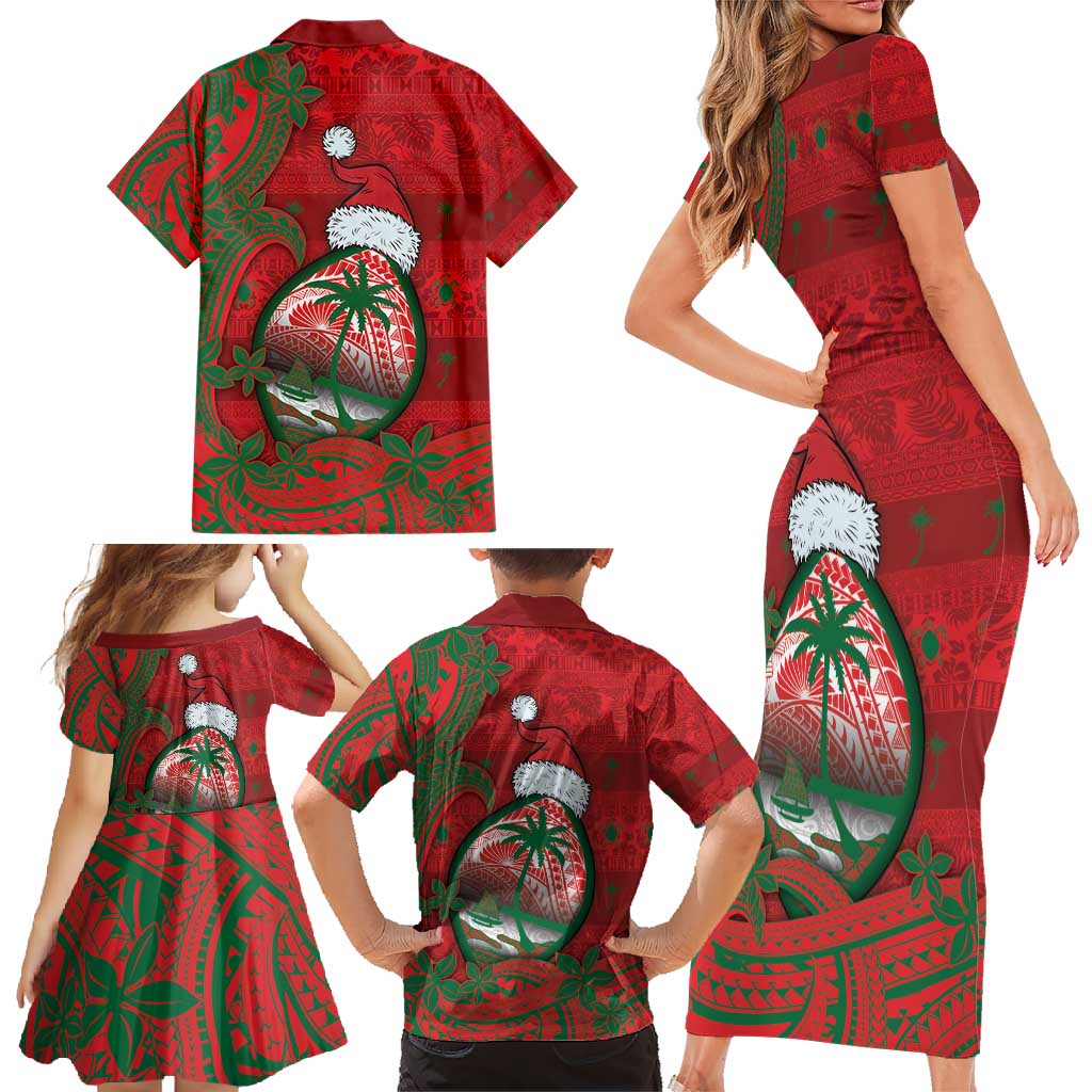 Guam Christmas Family Matching Short Sleeve Bodycon Dress and Hawaiian Shirt Chamorro Seal Hat Santa Tribal Waves - Polynesian Pride