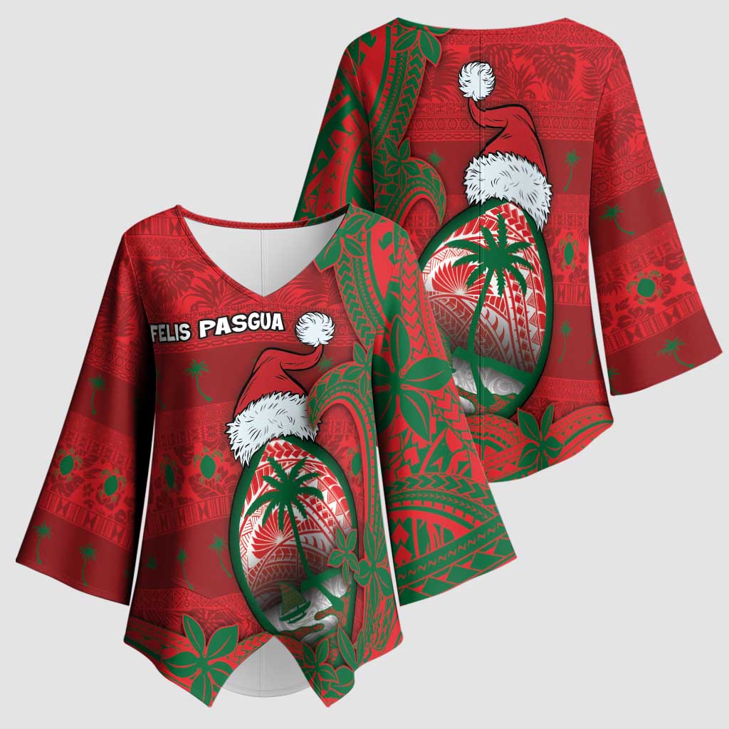 Guam Christmas Kimono Sleeve Blouse Chamorro Seal Hat Santa Tribal Waves - Polynesian Pride