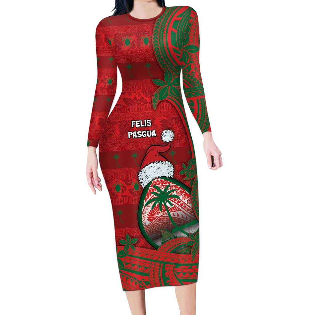 Guam Christmas Long Sleeve Bodycon Dress Chamorro Seal Hat Santa Tribal Waves - Polynesian Pride