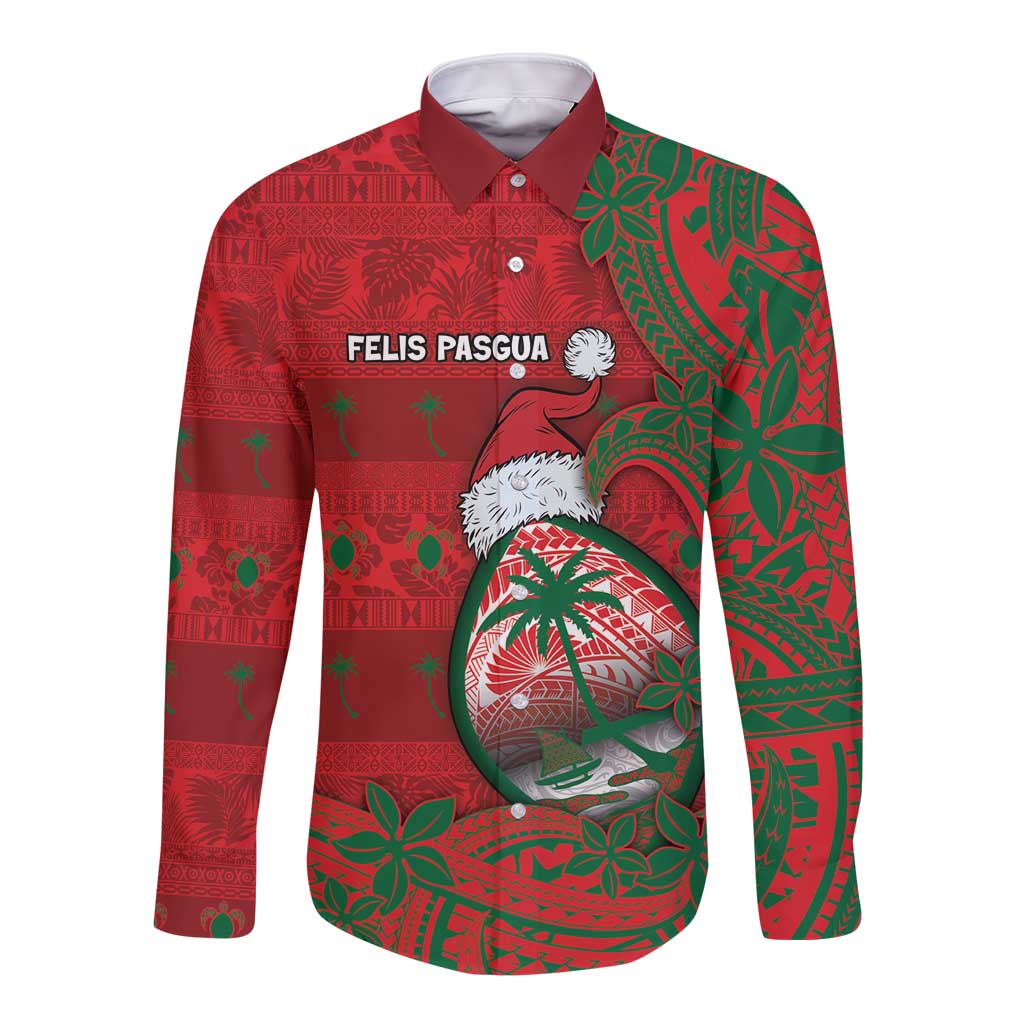 Guam Christmas Long Sleeve Button Shirt Chamorro Seal Hat Santa Tribal Waves - Polynesian Pride