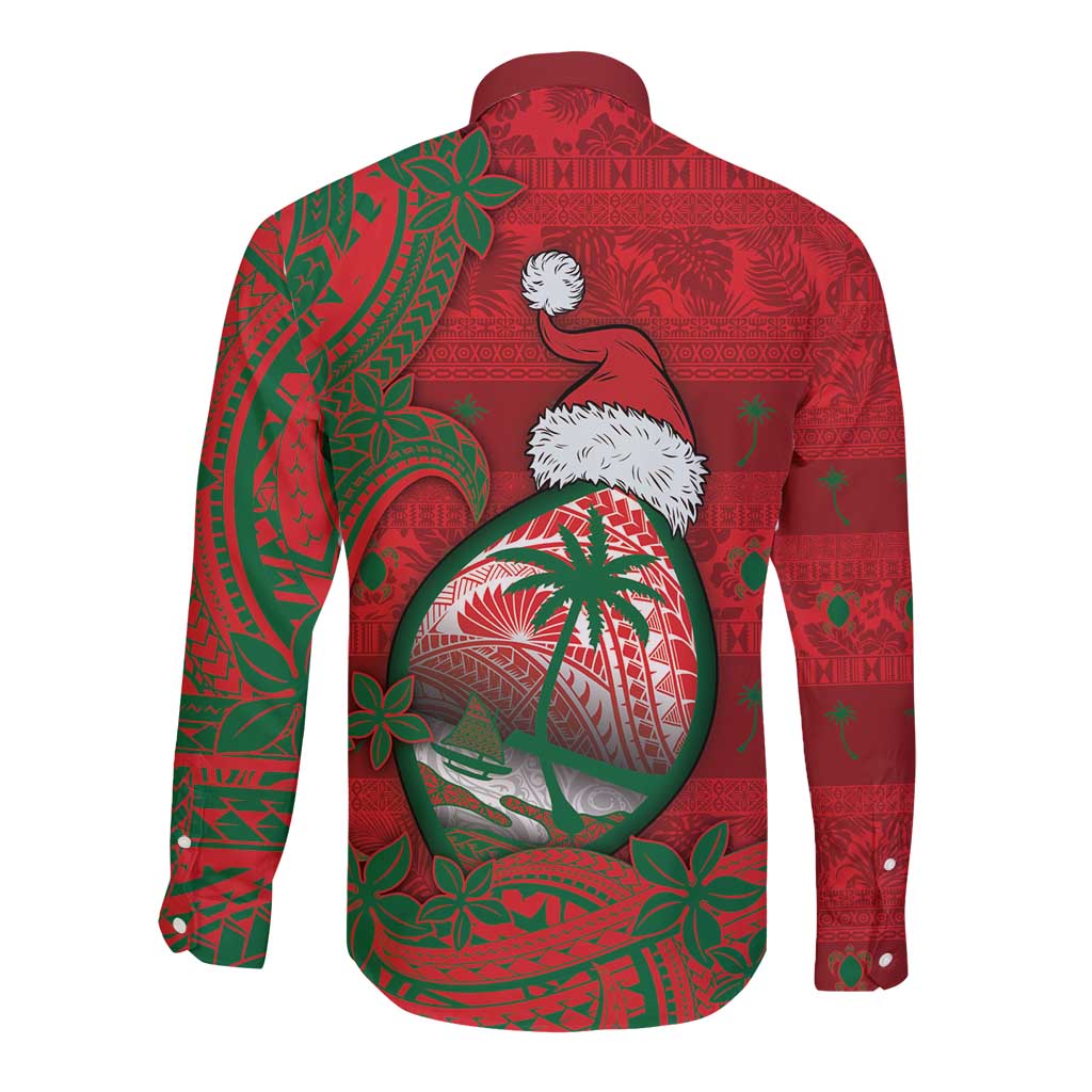 Guam Christmas Long Sleeve Button Shirt Chamorro Seal Hat Santa Tribal Waves - Polynesian Pride