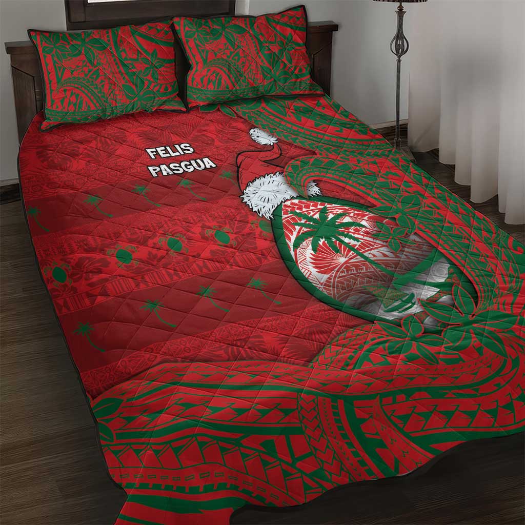 Guam Christmas Quilt Bed Set Chamorro Seal Hat Santa Tribal Waves - Polynesian Pride