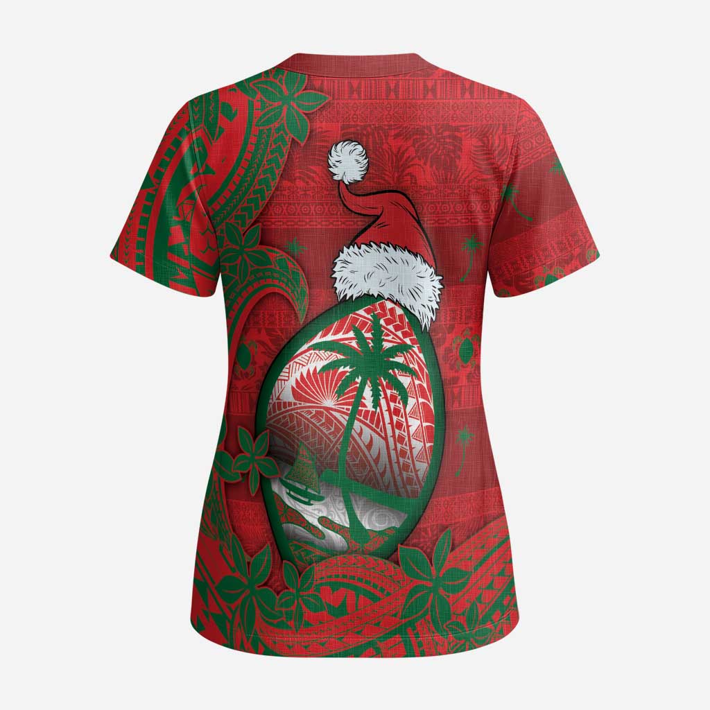 Guam Christmas Scrub Top Chamorro Seal Hat Santa Tribal Waves - Polynesian Pride