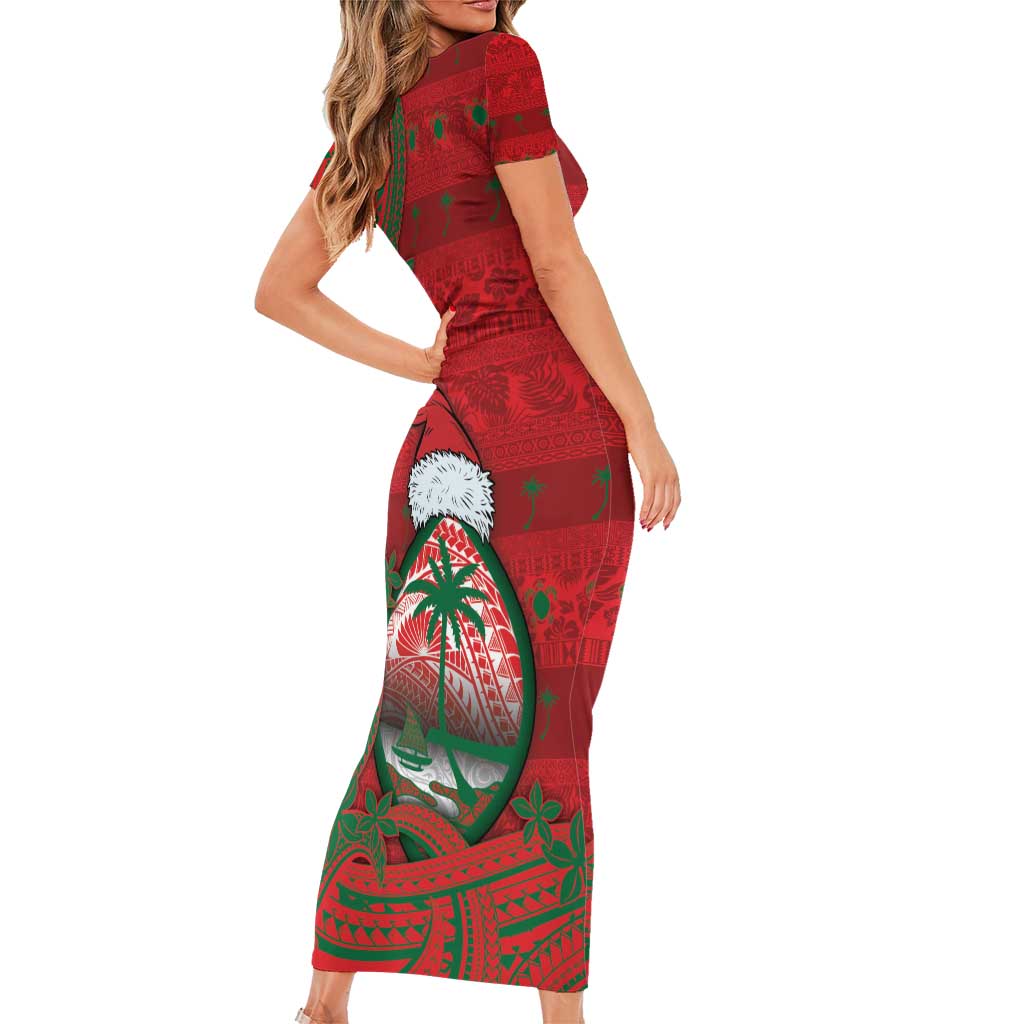 Guam Christmas Short Sleeve Bodycon Dress Chamorro Seal Hat Santa Tribal Waves - Polynesian Pride