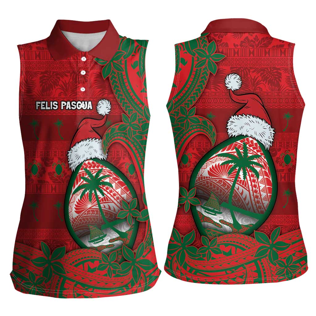Guam Christmas Women Sleeveless Polo Shirt Chamorro Seal Hat Santa Tribal Waves - Polynesian Pride