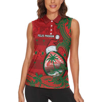 Guam Christmas Women Sleeveless Polo Shirt Chamorro Seal Hat Santa Tribal Waves - Polynesian Pride
