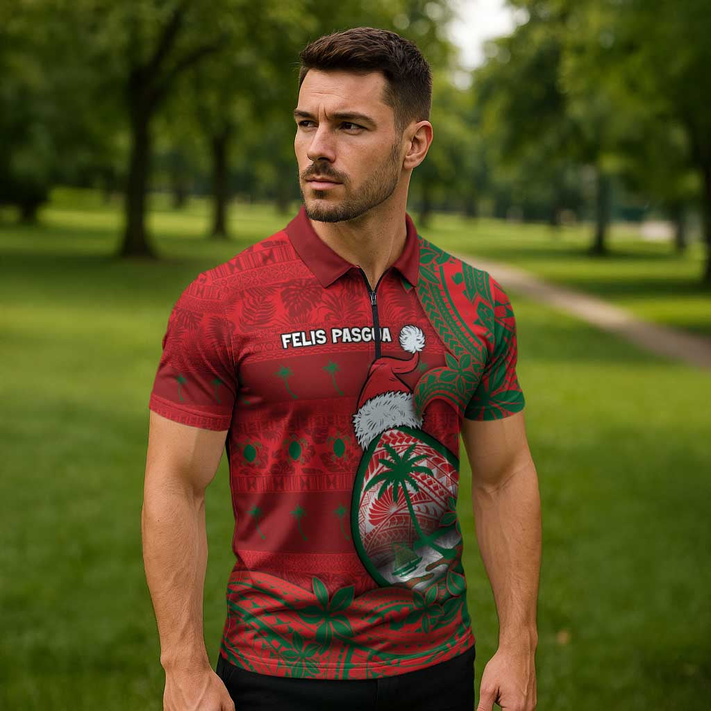 Guam Christmas Zipper Polo Shirt Chamorro Seal Hat Santa Tribal Waves - Polynesian Pride