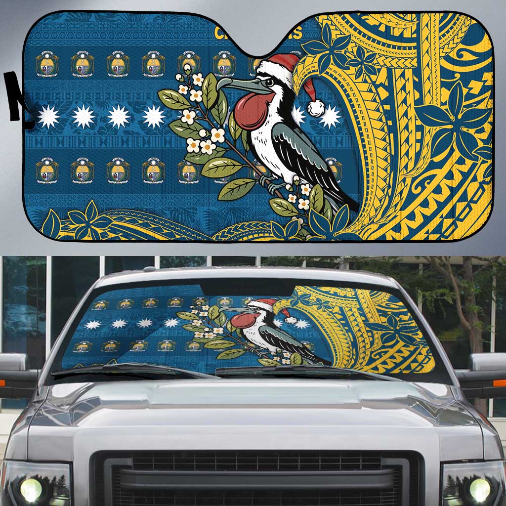 Nauru Christmas Auto Sun Shade Frigatebird Bird Santa Tribal Waves - Polynesian Pride