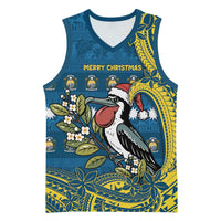 Nauru Christmas Basketball Jersey Frigatebird Bird Santa Tribal Waves - Polynesian Pride
