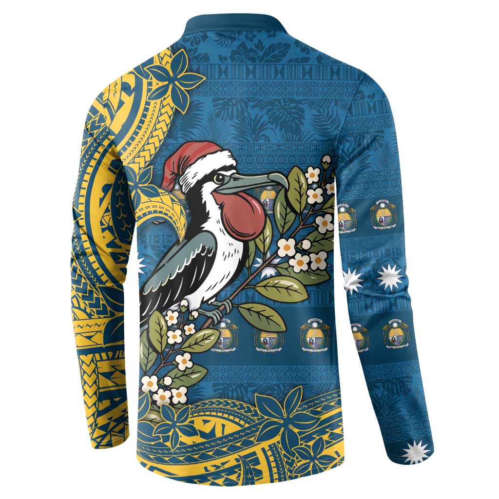 Nauru Christmas Button Sweatshirt Frigatebird Bird Santa Tribal Waves - Polynesian Pride