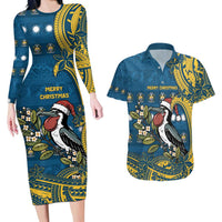 Nauru Christmas Couples Matching Long Sleeve Bodycon Dress and Hawaiian Shirt Frigatebird Bird Santa Tribal Waves - Polynesian Pride