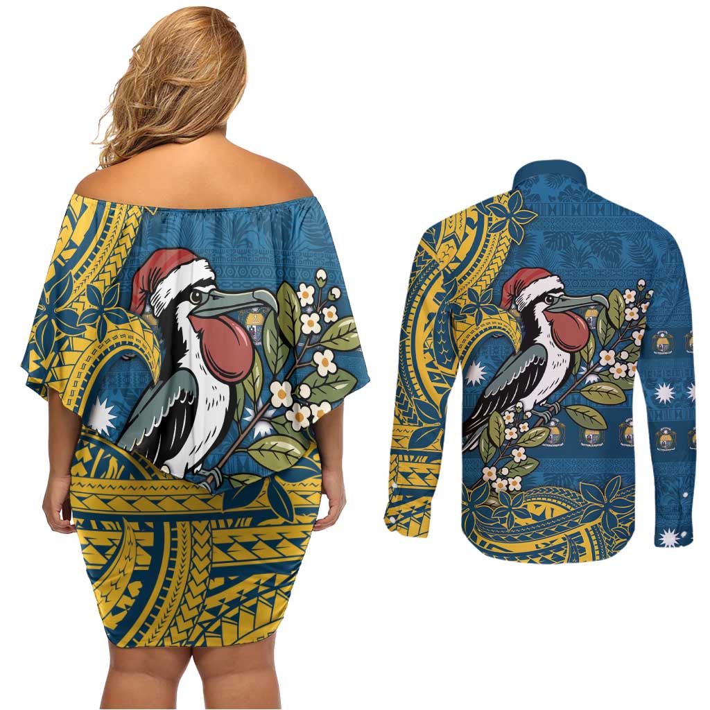 Nauru Christmas Couples Matching Off Shoulder Short Dress and Long Sleeve Button Shirt Frigatebird Bird Santa Tribal Waves - Polynesian Pride
