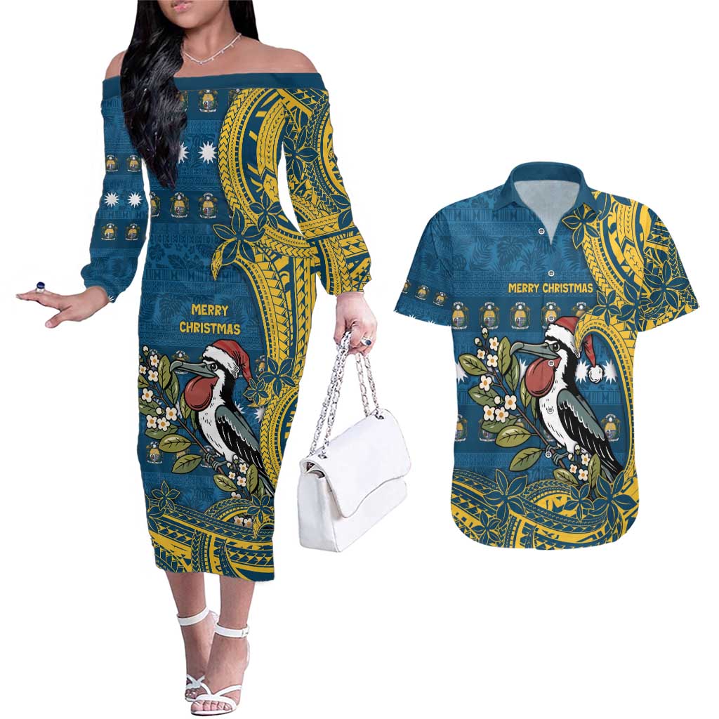 Nauru Christmas Couples Matching Off The Shoulder Long Sleeve Dress and Hawaiian Shirt Frigatebird Bird Santa Tribal Waves - Polynesian Pride