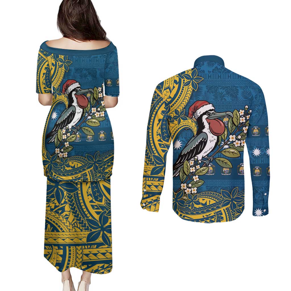 Nauru Christmas Couples Matching Puletasi and Long Sleeve Button Shirt Frigatebird Bird Santa Tribal Waves - Polynesian Pride