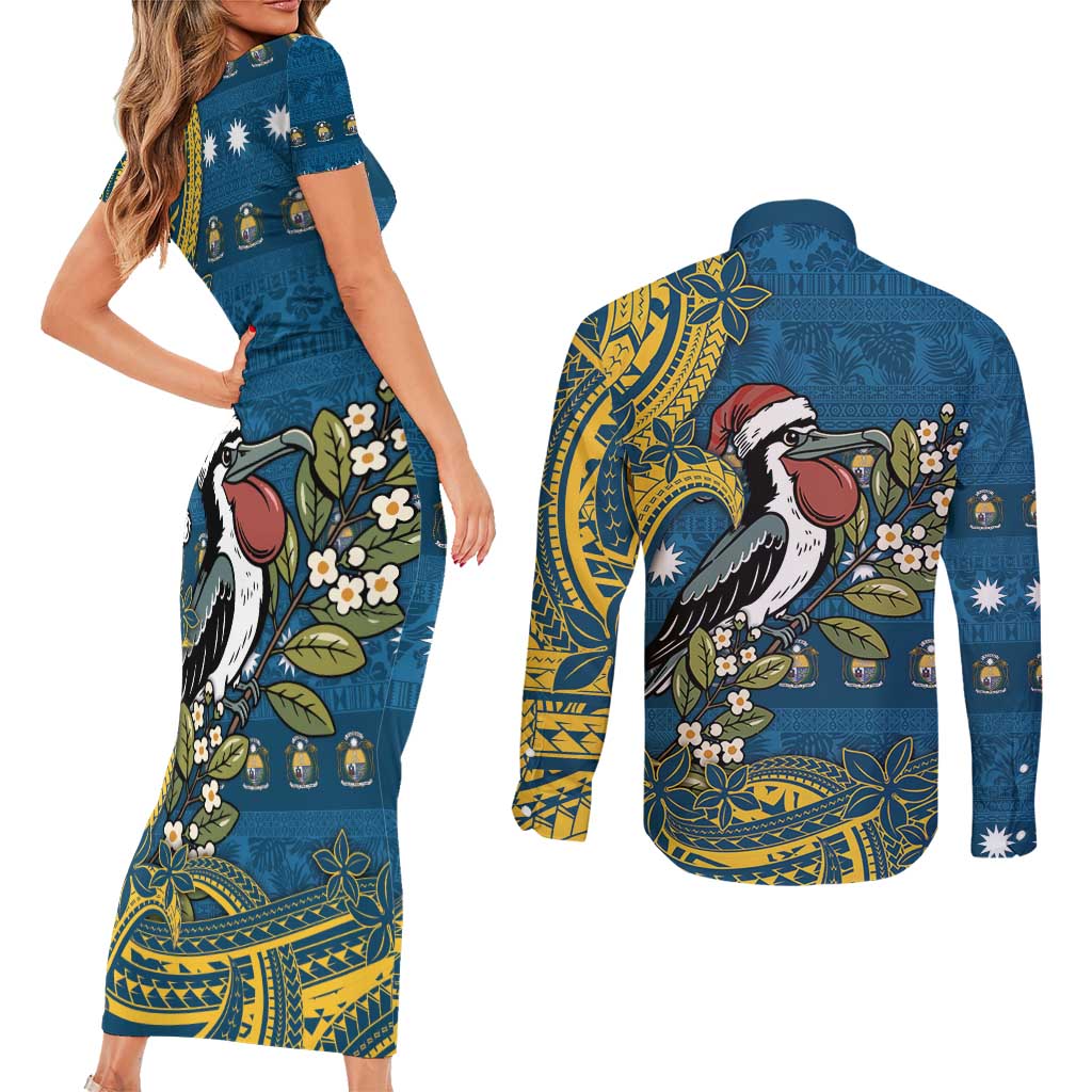Nauru Christmas Couples Matching Short Sleeve Bodycon Dress and Long Sleeve Button Shirt Frigatebird Bird Santa Tribal Waves - Polynesian Pride