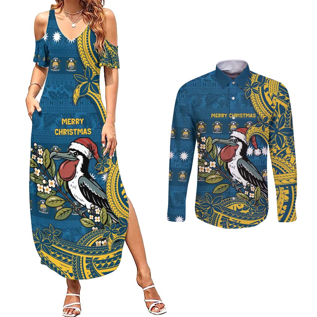 Nauru Christmas Couples Matching Summer Maxi Dress and Long Sleeve Button Shirt Frigatebird Bird Santa Tribal Waves - Polynesian Pride