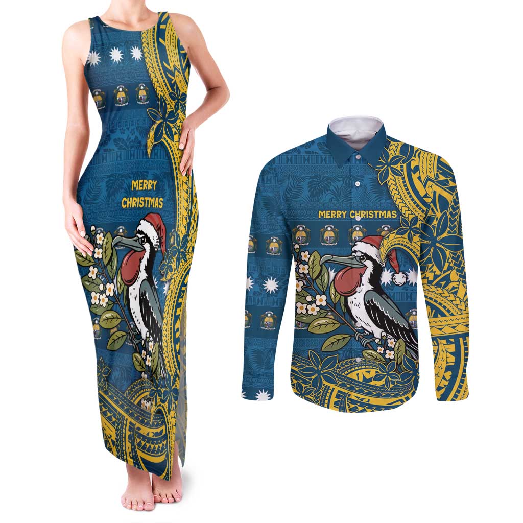 Nauru Christmas Couples Matching Tank Maxi Dress and Long Sleeve Button Shirt Frigatebird Bird Santa Tribal Waves - Polynesian Pride