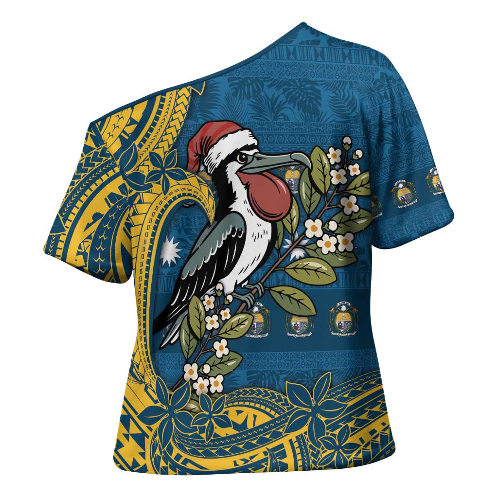 Nauru Christmas Cross Shoulder Shirt Frigatebird Bird Santa Tribal Waves - Polynesian Pride