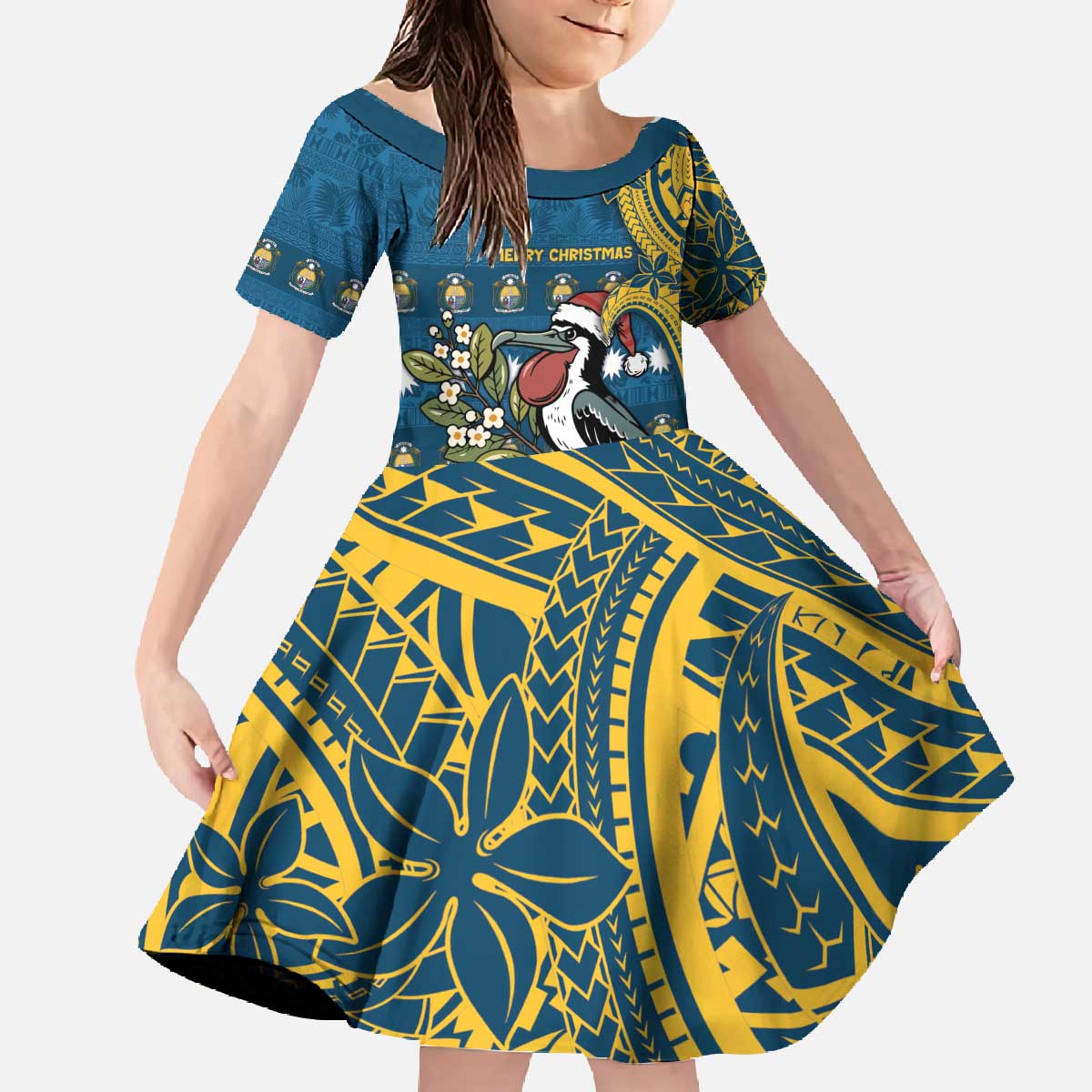 Nauru Christmas Family Matching Off The Shoulder Long Sleeve Dress and Hawaiian Shirt Frigatebird Bird Santa Tribal Waves - Polynesian Pride