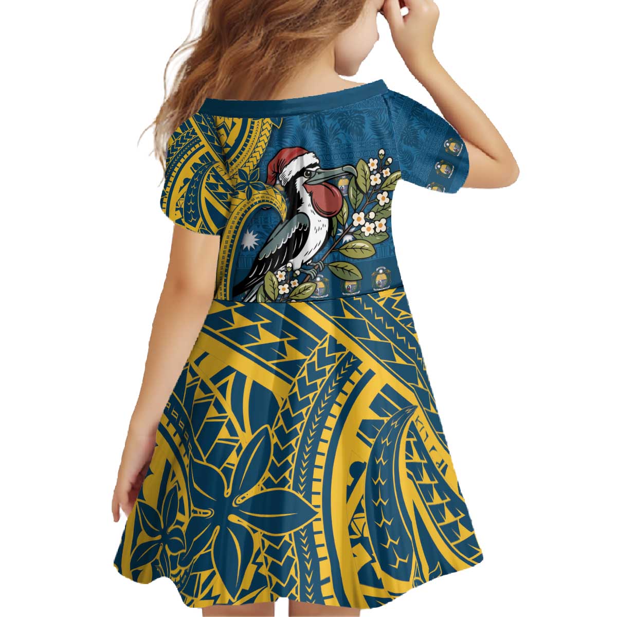 Nauru Christmas Family Matching Off The Shoulder Long Sleeve Dress and Hawaiian Shirt Frigatebird Bird Santa Tribal Waves - Polynesian Pride