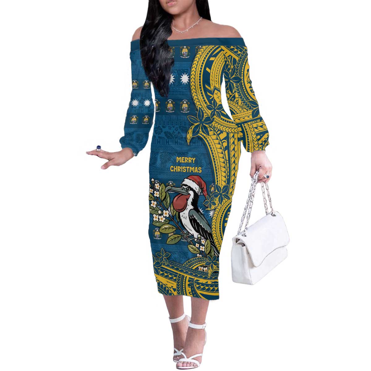 Nauru Christmas Family Matching Off The Shoulder Long Sleeve Dress and Hawaiian Shirt Frigatebird Bird Santa Tribal Waves - Polynesian Pride