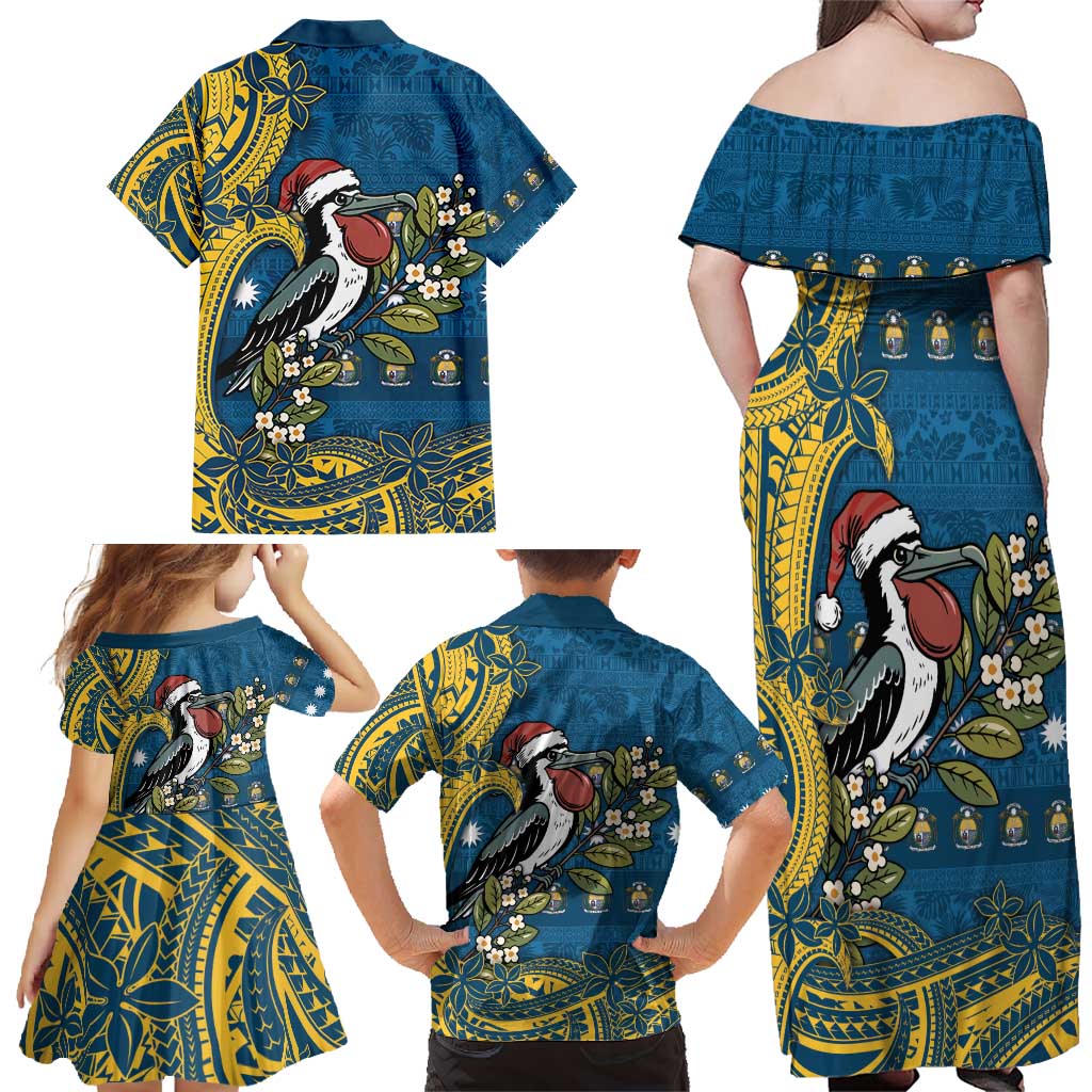 Nauru Christmas Family Matching Off Shoulder Maxi Dress and Hawaiian Shirt Frigatebird Bird Santa Tribal Waves - Polynesian Pride