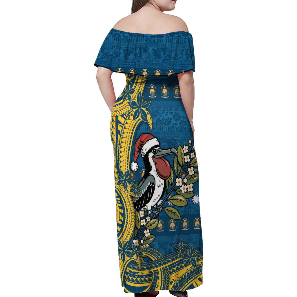 Nauru Christmas Family Matching Off Shoulder Maxi Dress and Hawaiian Shirt Frigatebird Bird Santa Tribal Waves - Polynesian Pride