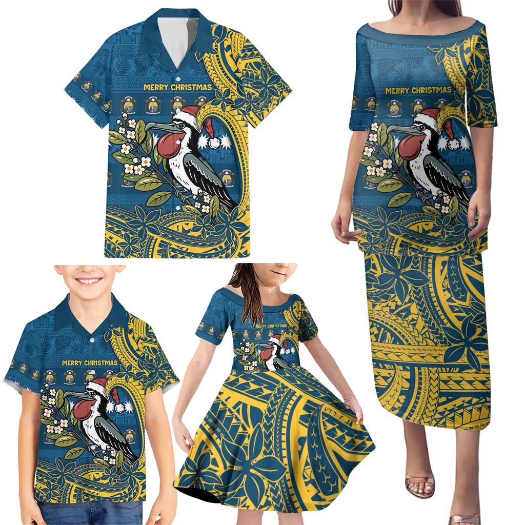 Nauru Christmas Family Matching Puletasi and Hawaiian Shirt Frigatebird Bird Santa Tribal Waves - Polynesian Pride