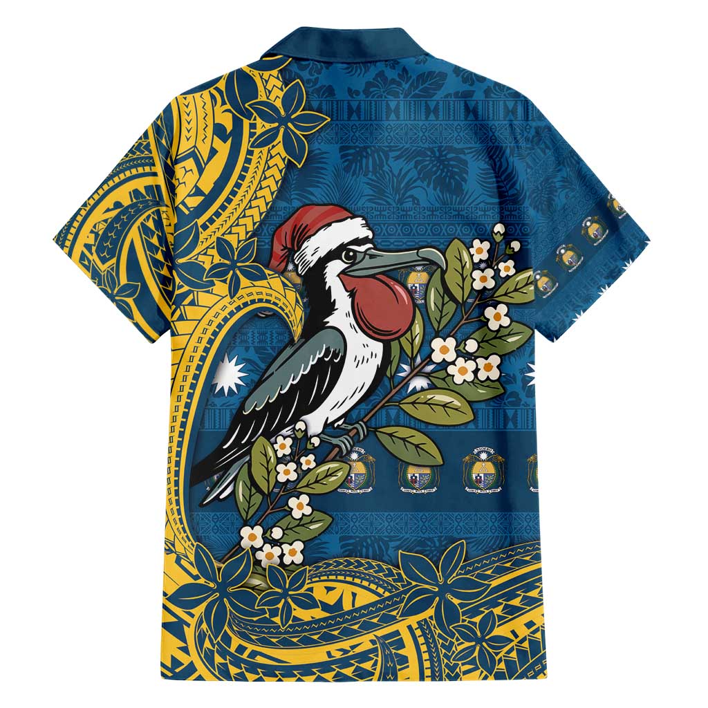 Nauru Christmas Family Matching Short Sleeve Bodycon Dress and Hawaiian Shirt Frigatebird Bird Santa Tribal Waves - Polynesian Pride