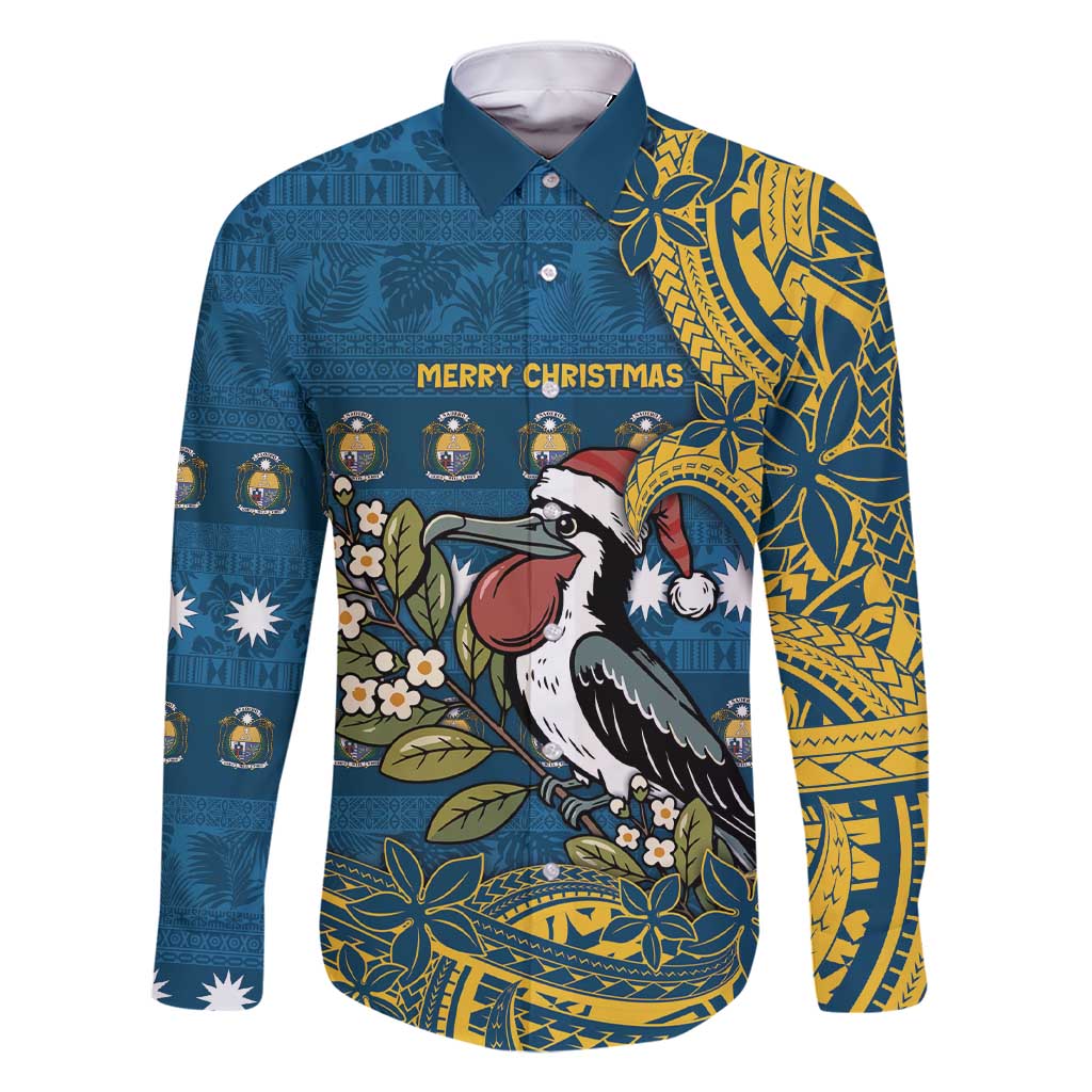 Nauru Christmas Family Matching Short Sleeve Bodycon Dress and Hawaiian Shirt Frigatebird Bird Santa Tribal Waves - Polynesian Pride