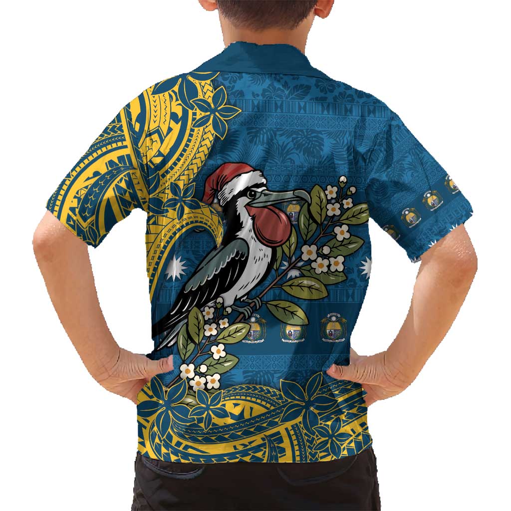 Nauru Christmas Family Matching Tank Maxi Dress and Hawaiian Shirt Frigatebird Bird Santa Tribal Waves - Polynesian Pride