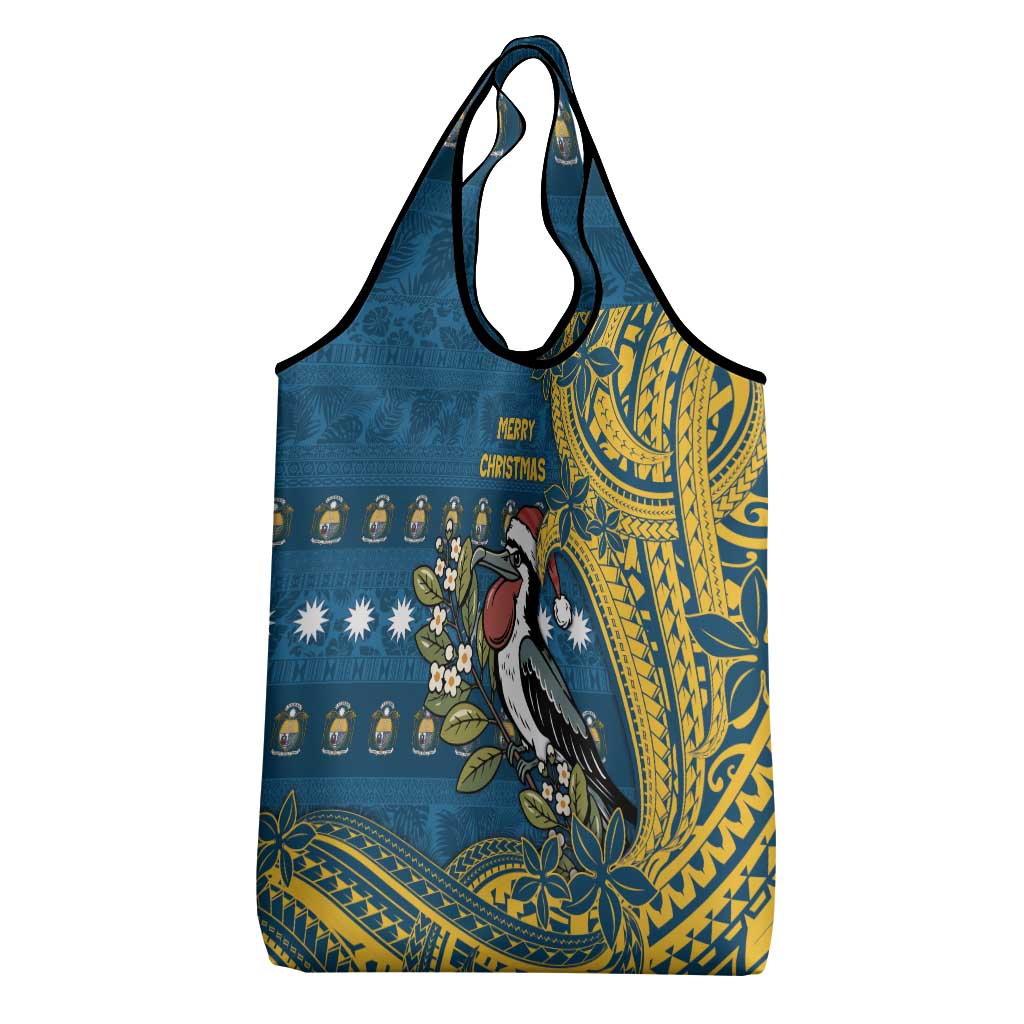 Nauru Christmas Grocery Bag Frigatebird Bird Santa Tribal Waves - Polynesian Pride