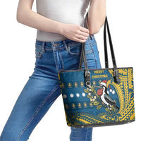 Nauru Christmas Leather Tote Bag Frigatebird Bird Santa Tribal Waves - Polynesian Pride