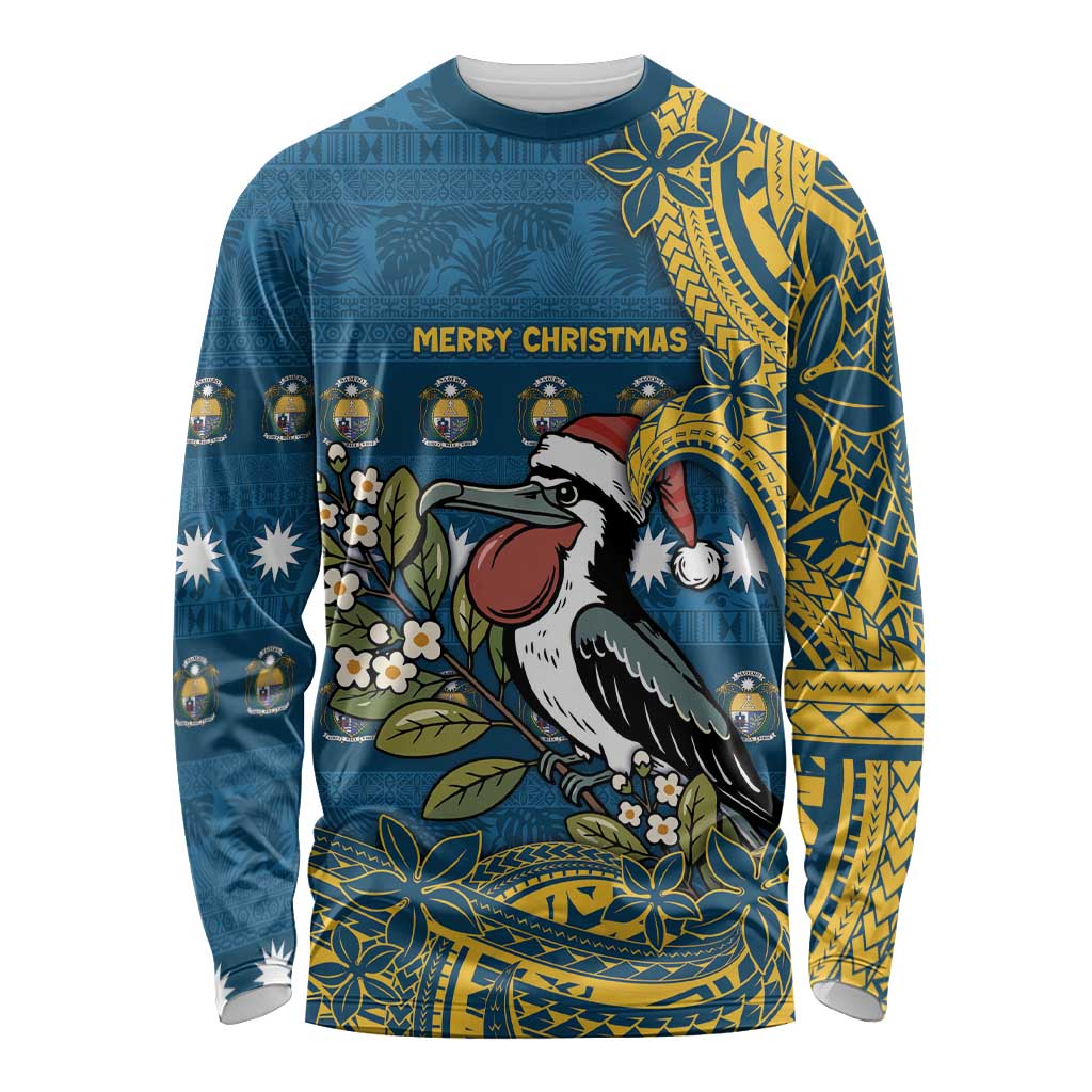 Nauru Christmas Long Sleeve Shirt Frigatebird Bird Santa Tribal Waves - Polynesian Pride