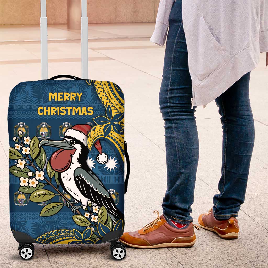 Nauru Christmas Luggage Cover Frigatebird Bird Santa Tribal Waves - Polynesian Pride