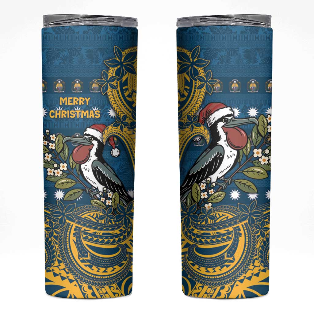 Nauru Christmas Skinny Tumbler Frigatebird Bird Santa Tribal Waves - Polynesian Pride