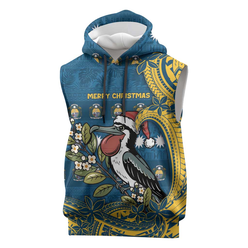 Nauru Christmas Sleeveless Hoodie Frigatebird Bird Santa Tribal Waves - Polynesian Pride