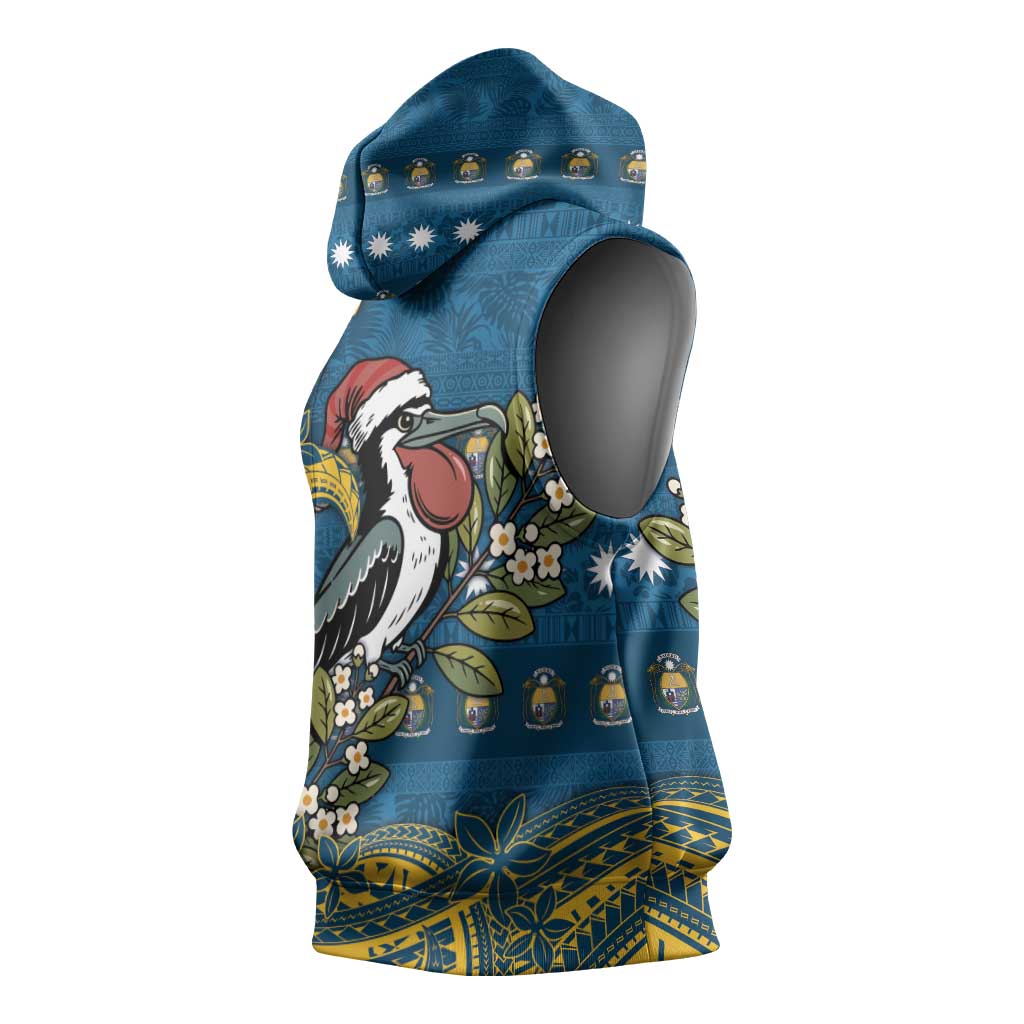 Nauru Christmas Sleeveless Hoodie Frigatebird Bird Santa Tribal Waves - Polynesian Pride