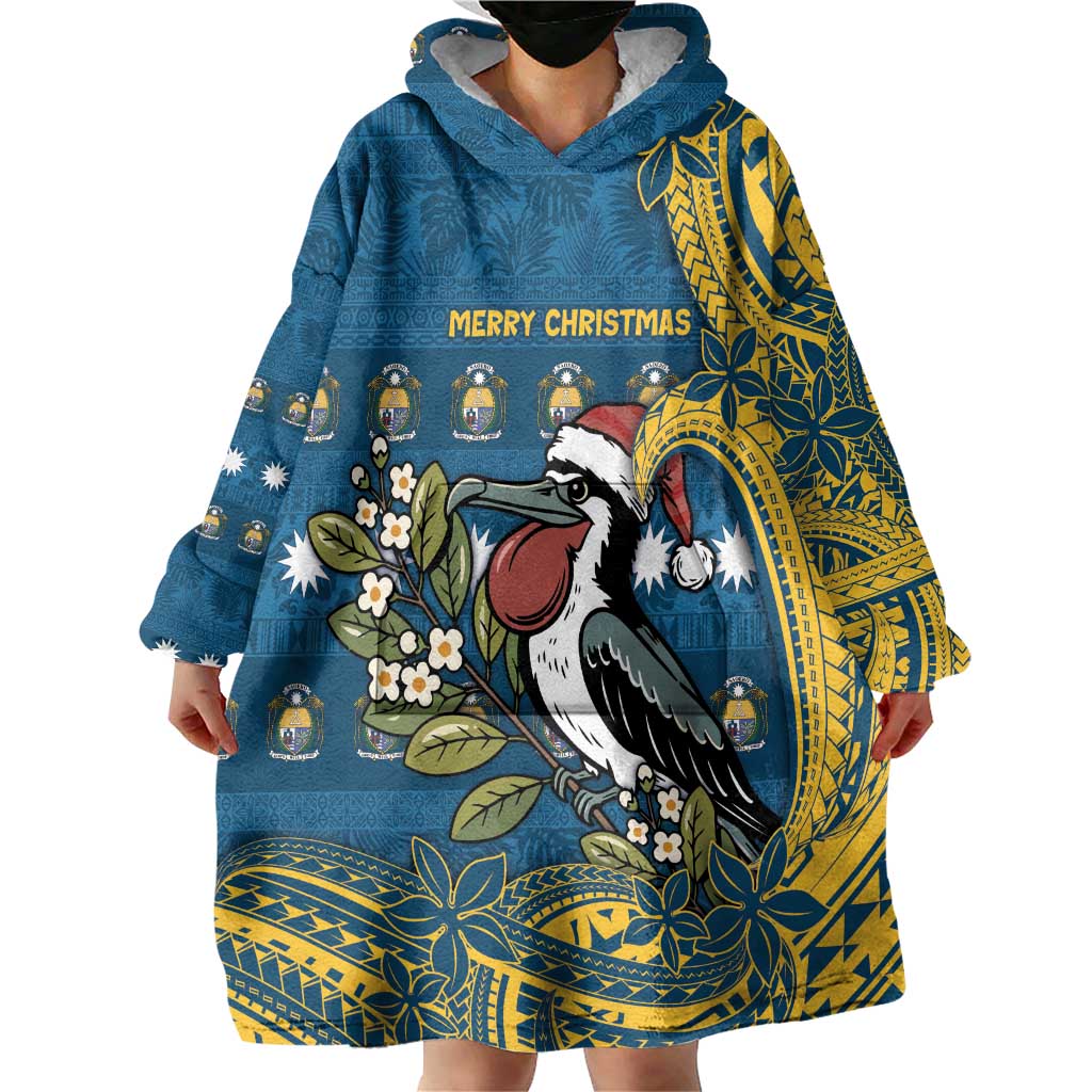 Nauru Christmas Wearable Blanket Hoodie Frigatebird Bird Santa Tribal Waves - Polynesian Pride